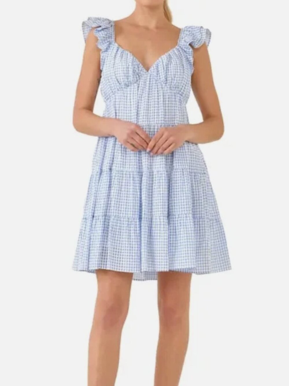 NEW‎ English Factory Gingham Tiered Mini Dress Blue White Ruffle Straps Size S